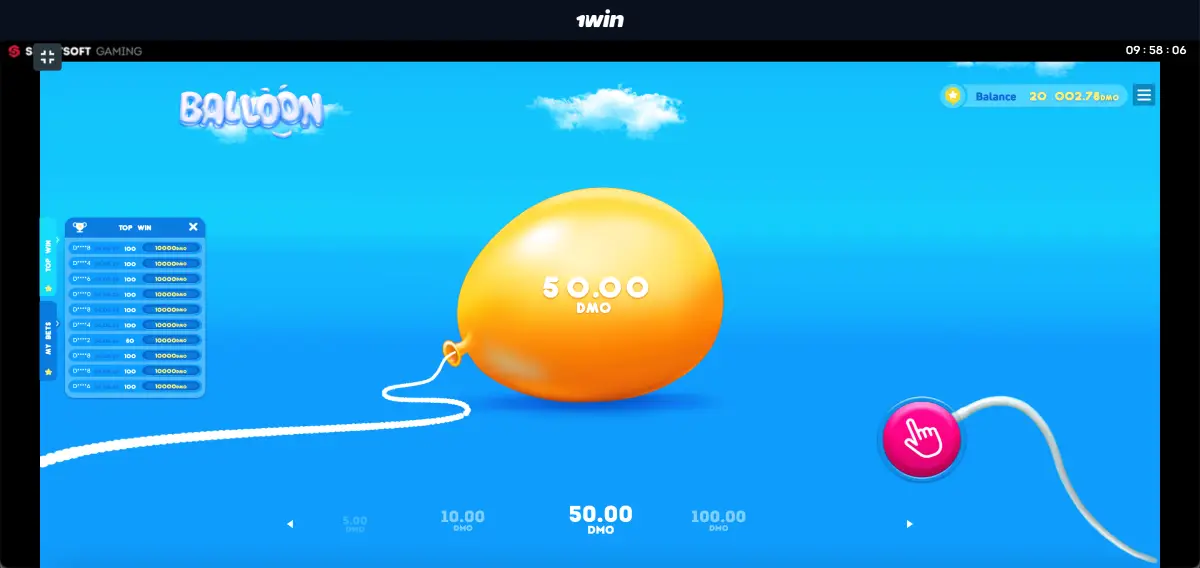 Panel de apuestas de Balloon — selección de monto